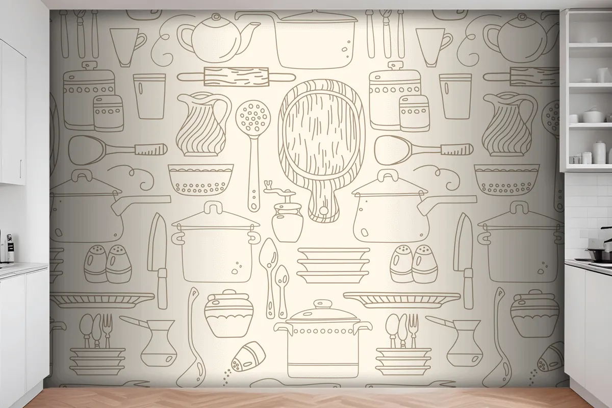 Seamless Pattern With Kitchen Utensils On Beige Wallpaper Mural