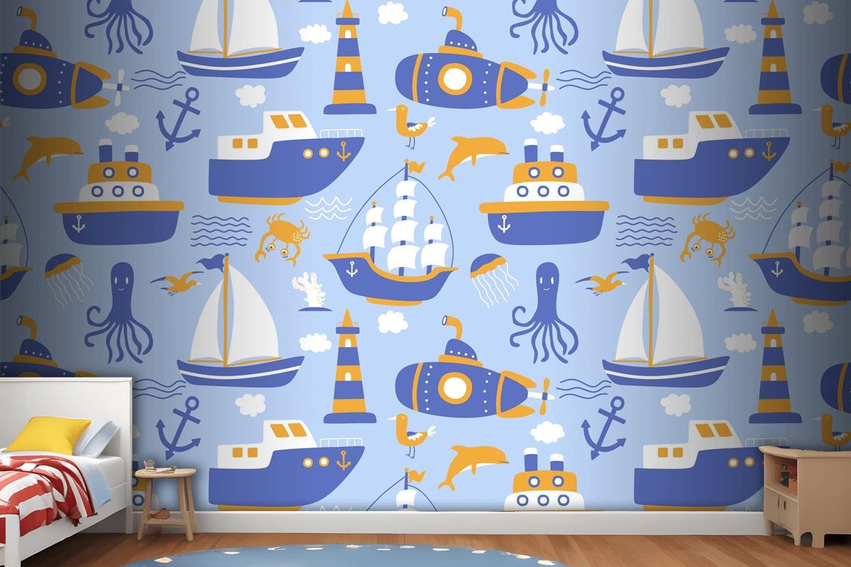 Seamless Pattern With Ships Wallpaper Mural