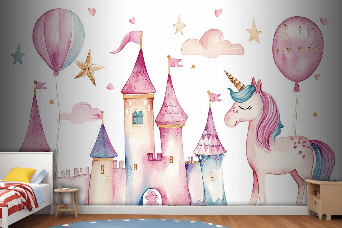 Set Of Cute Watercolor Kingdom Unicorn And Castle For Kids Book Birthday Party Wallpaper Mural