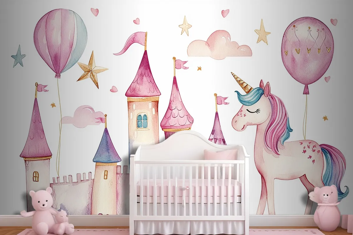 Set Of Cute Watercolor Kingdom Unicorn And Castle For Kids Book Birthday Party Wallpaper Mural