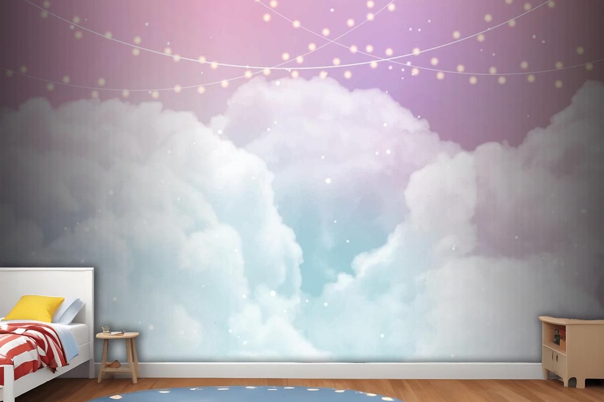 Sky Background With Sugar Cotton Candy Clouds And Stars Design Wallpaper Mural