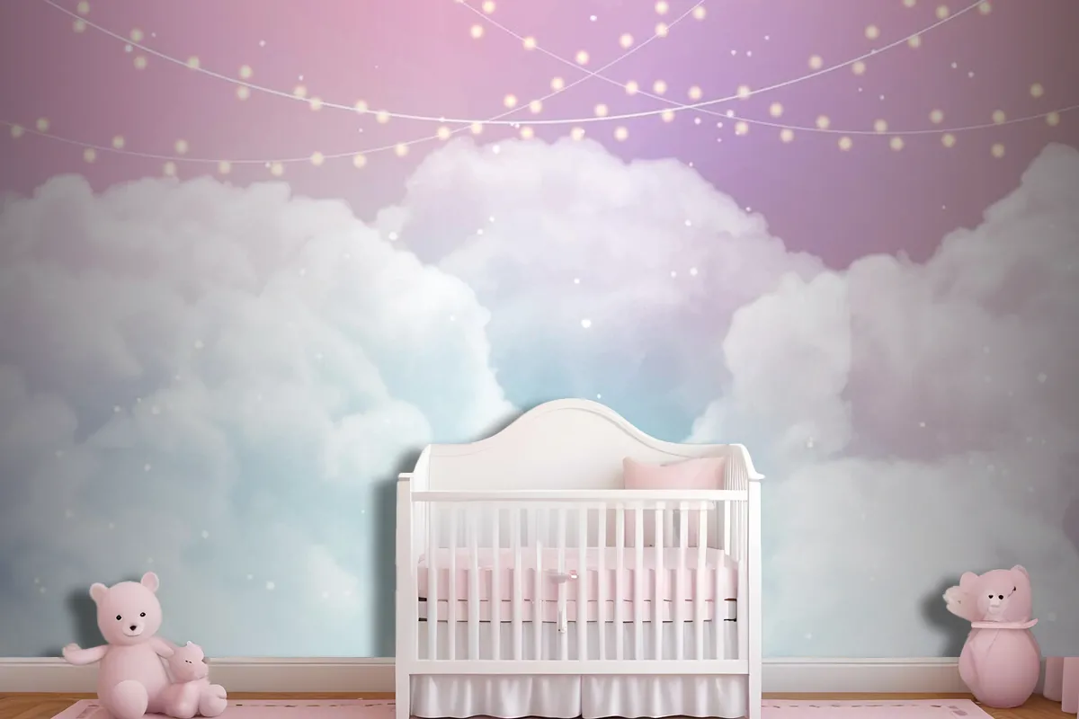 Sky Background With Sugar Cotton Candy Clouds And Stars Design Wallpaper Mural