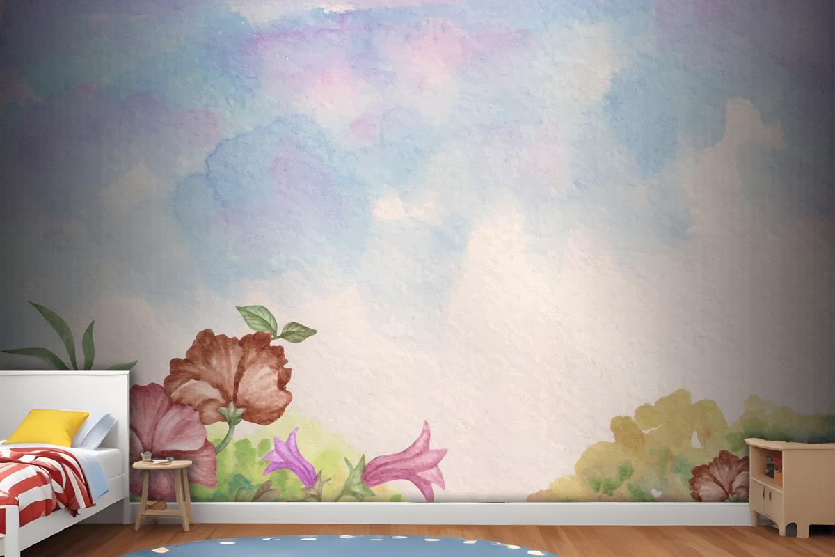 Sky View Watercolor Landscape Background With Flowers Wallpaper Mural