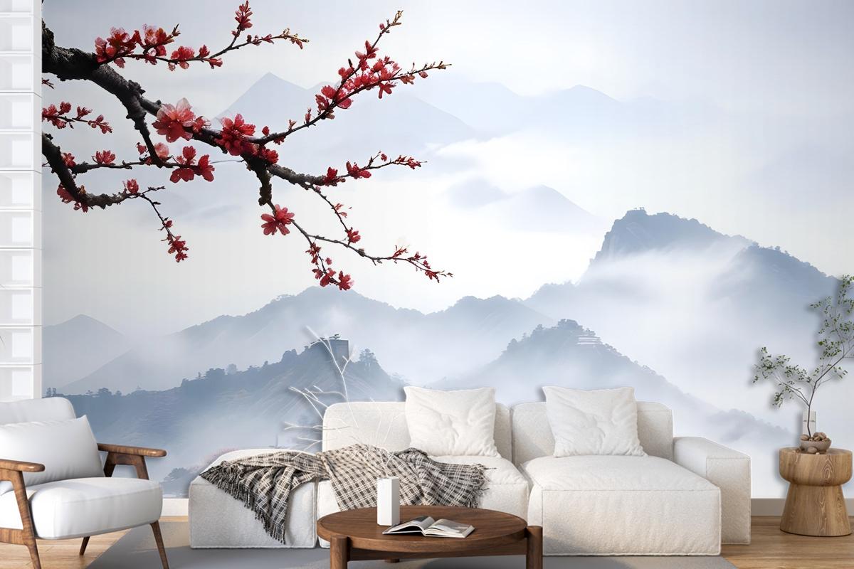 Snowy Mountainscape With Cherry Blossom Wallpaper Mural