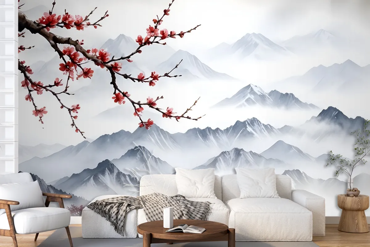 Snowy Mountainscape With Cherry Blossom Wallpaper Mural