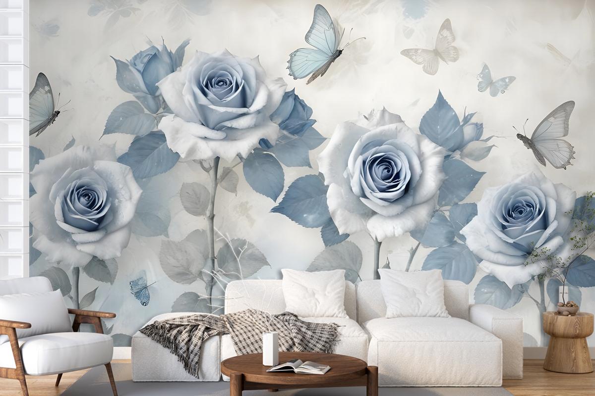 Soft Blue Floral Wallpaper Mural