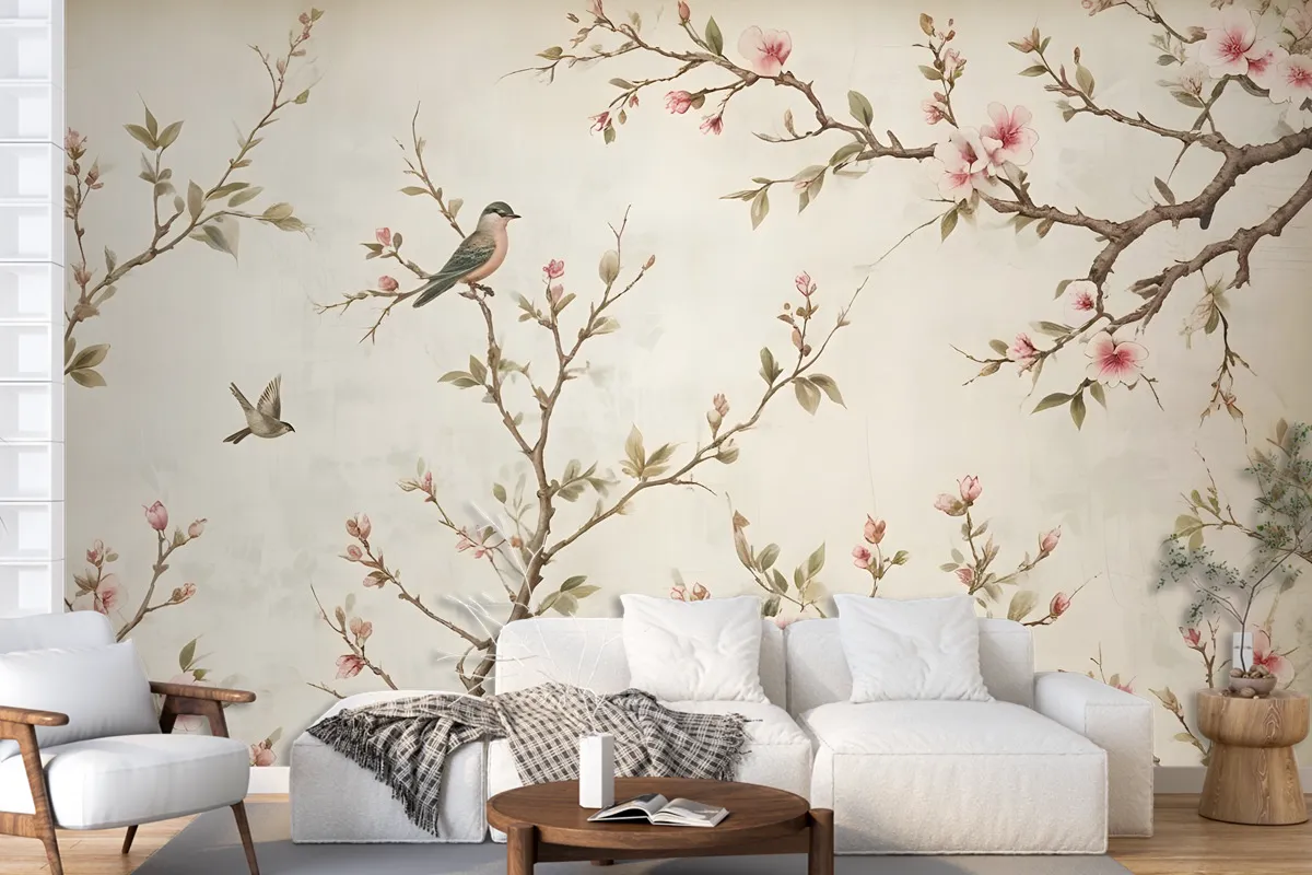 Soft Chinese Florals With Little Birds Wallpaper Mural