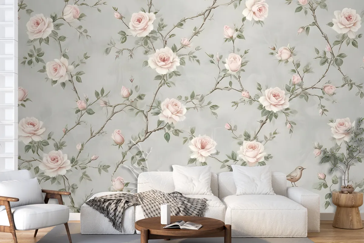 Soft Chinoiserie Peony Tree Blossom Art Wallpaper Mural