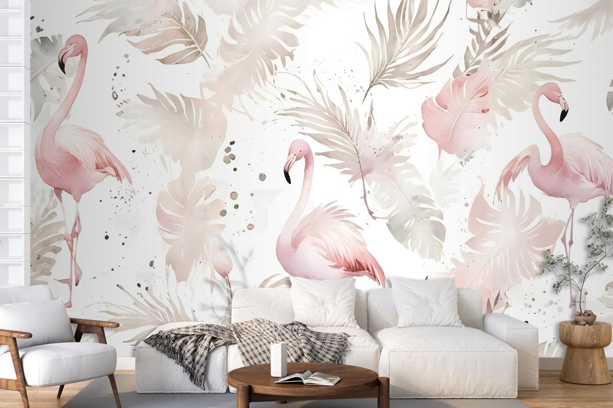 Soft Flamingo Art With Boho Tropical Leaf Wallpaper Mural