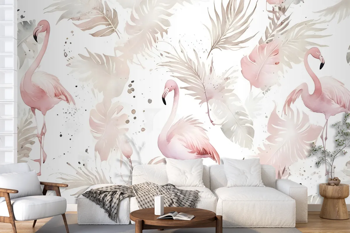 Soft Flamingo Art With Boho Tropical Leaf Wallpaper Mural