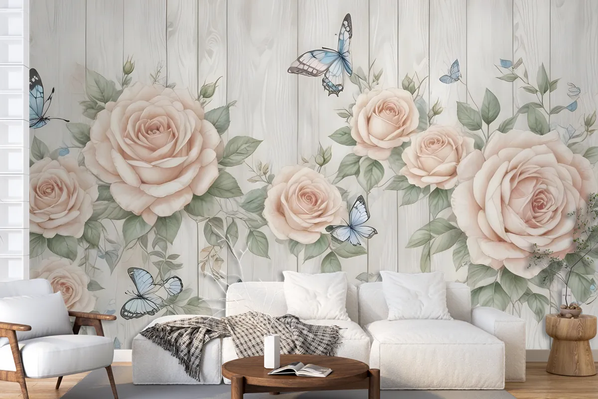 Soft Floral With Butterfly Wallpaper Mural