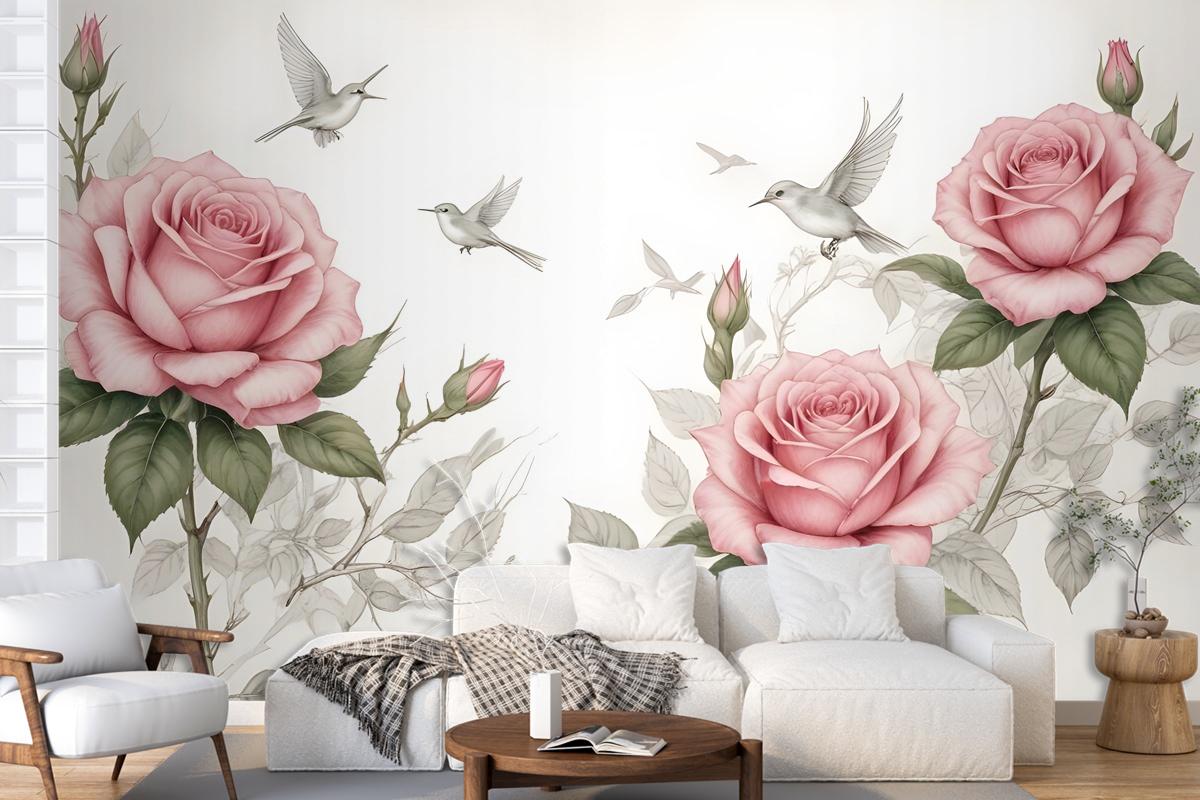 Soft Pink Flower And Charcoal Drawing Roses Wallpaper Mural