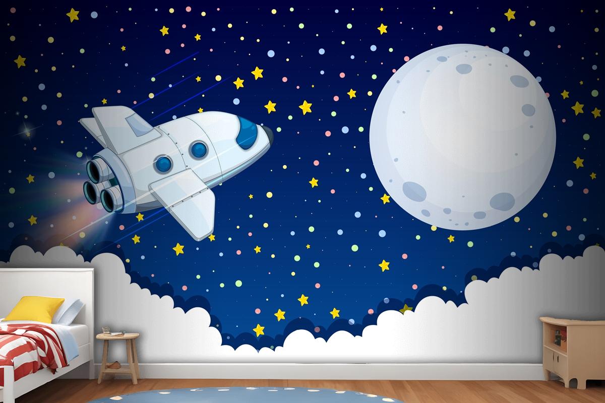 Spaceship Flying To The Moon Wallpaper Mural