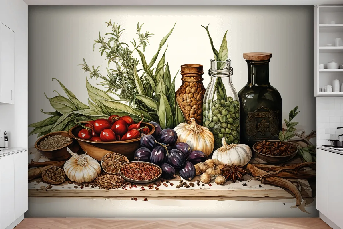 Spices And Herbs On Table Food And Cuisine Ingredients On Table Wallpaper Mural