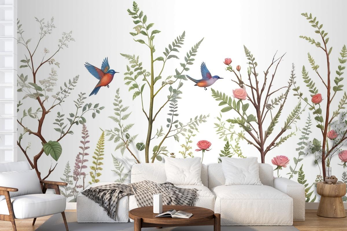 Spring Flower With Birds On The Trees Wallpaper Mural