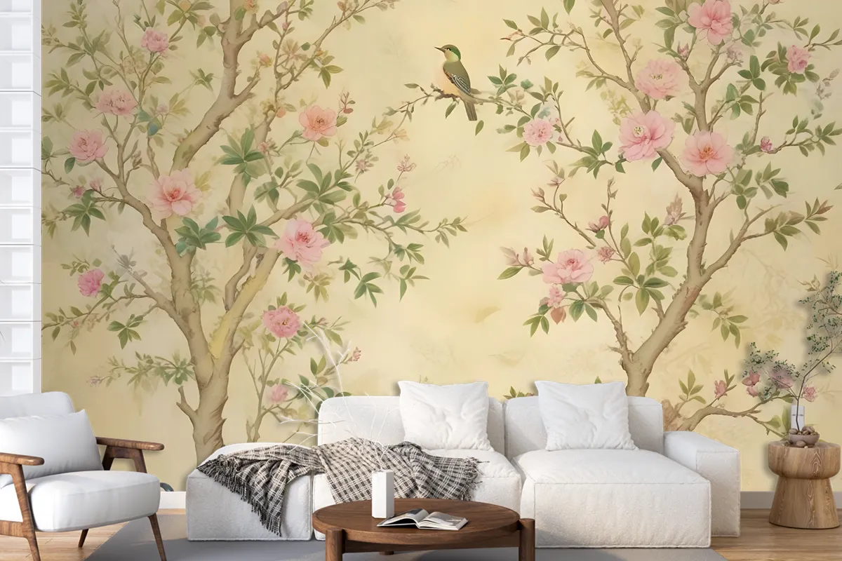 Spring Flowers Birds On The Yellow Background Floral Chinoiserie Wallpaper Mural