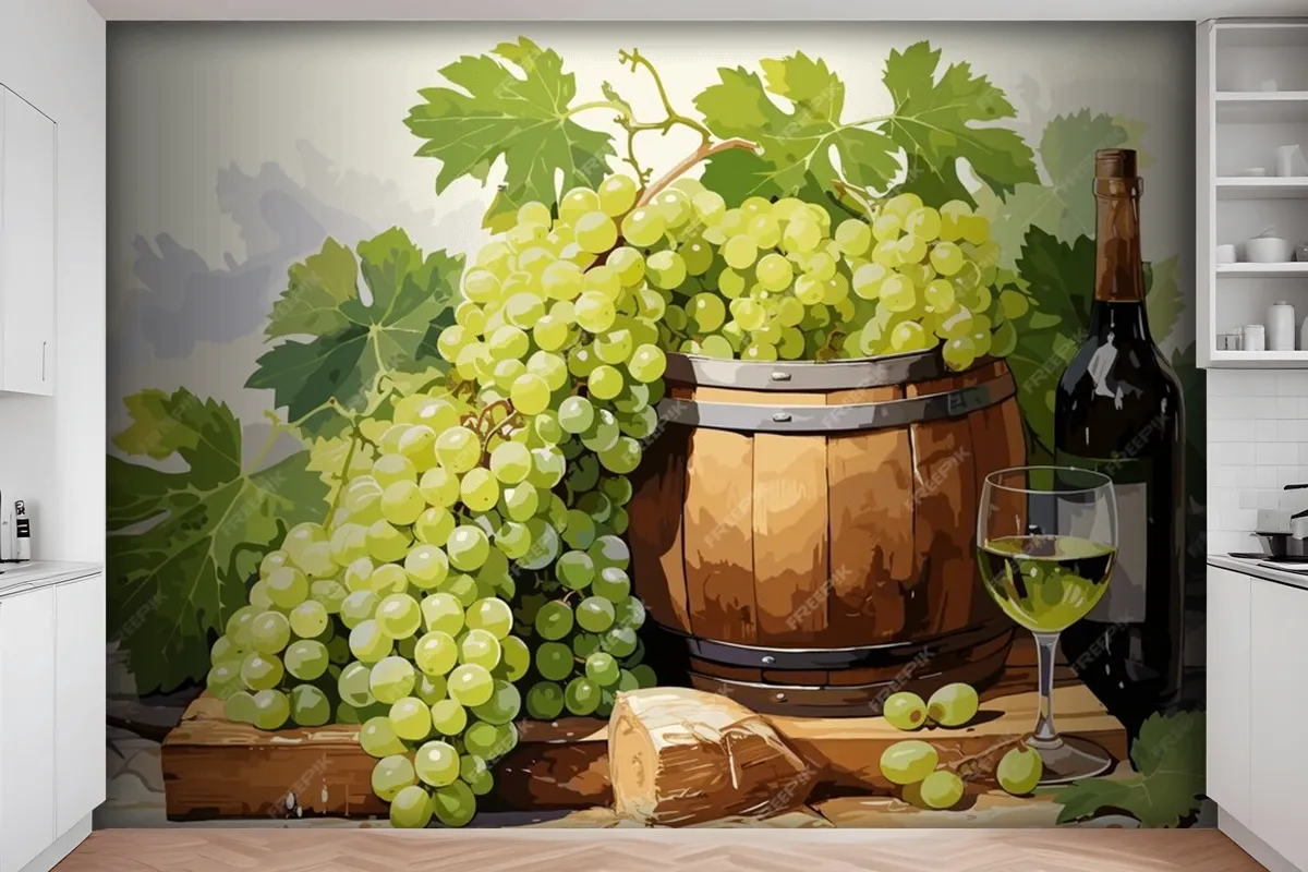 Still Life With Bottle Of White Wine Glass Of Wine And Grapes On Table In Vineyards Wallpaper Mural