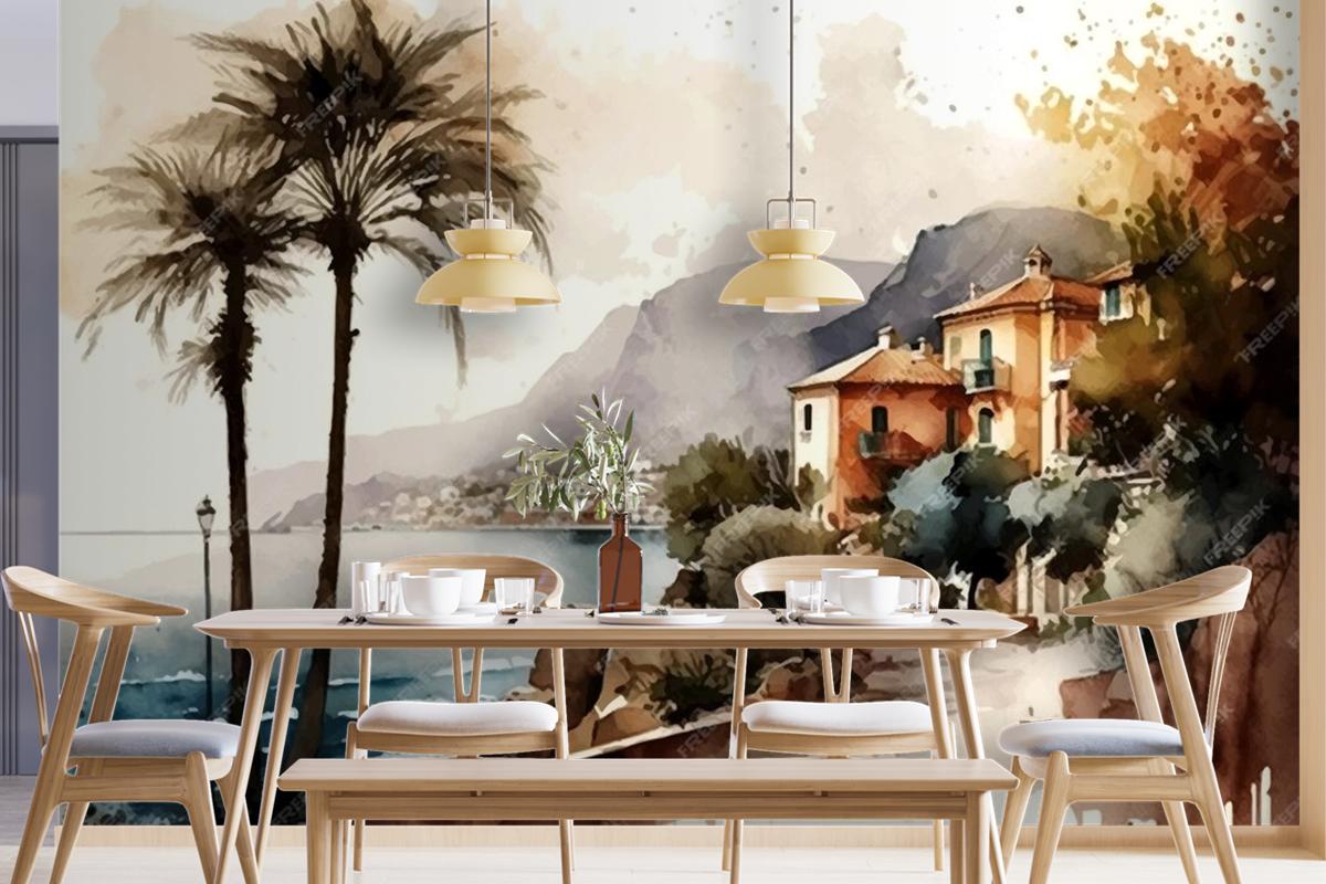 Stunning Landscape Painting With Seaside City Silhouette Wallpaper Mural