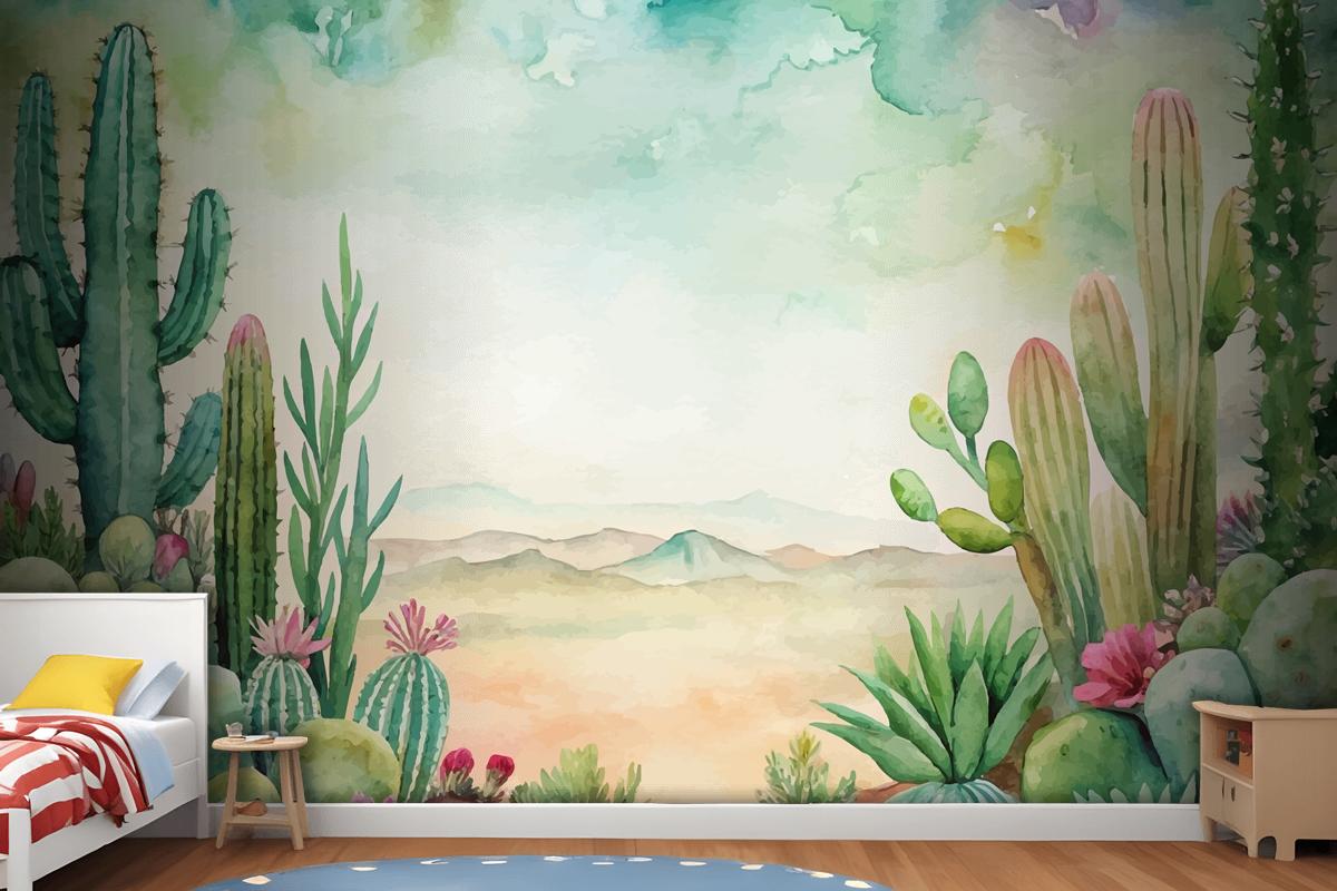 Succulent And Cactus Watercolor Background Wallpaper Mural