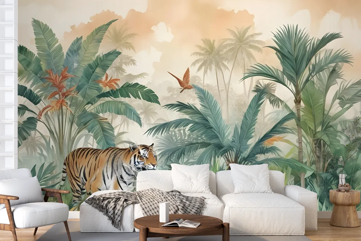 Tiger And Tropical Leaves Wallpaper Mural