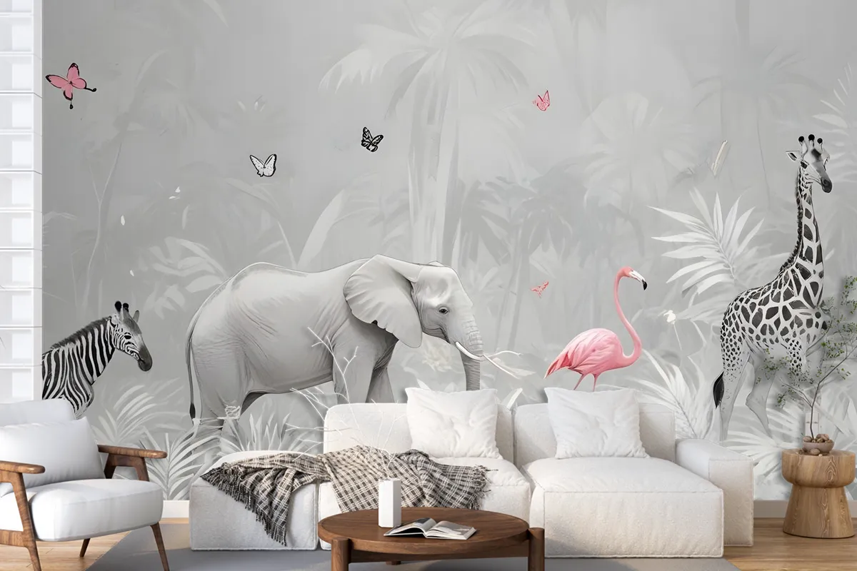 Tropical Animals With Leafs Wallpaper Mural For Children