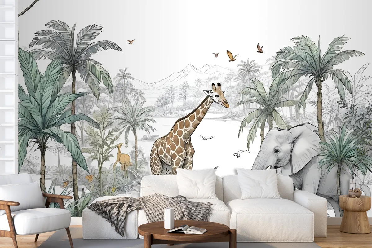 Tropical Animals With Mountain Wallpaper Mural