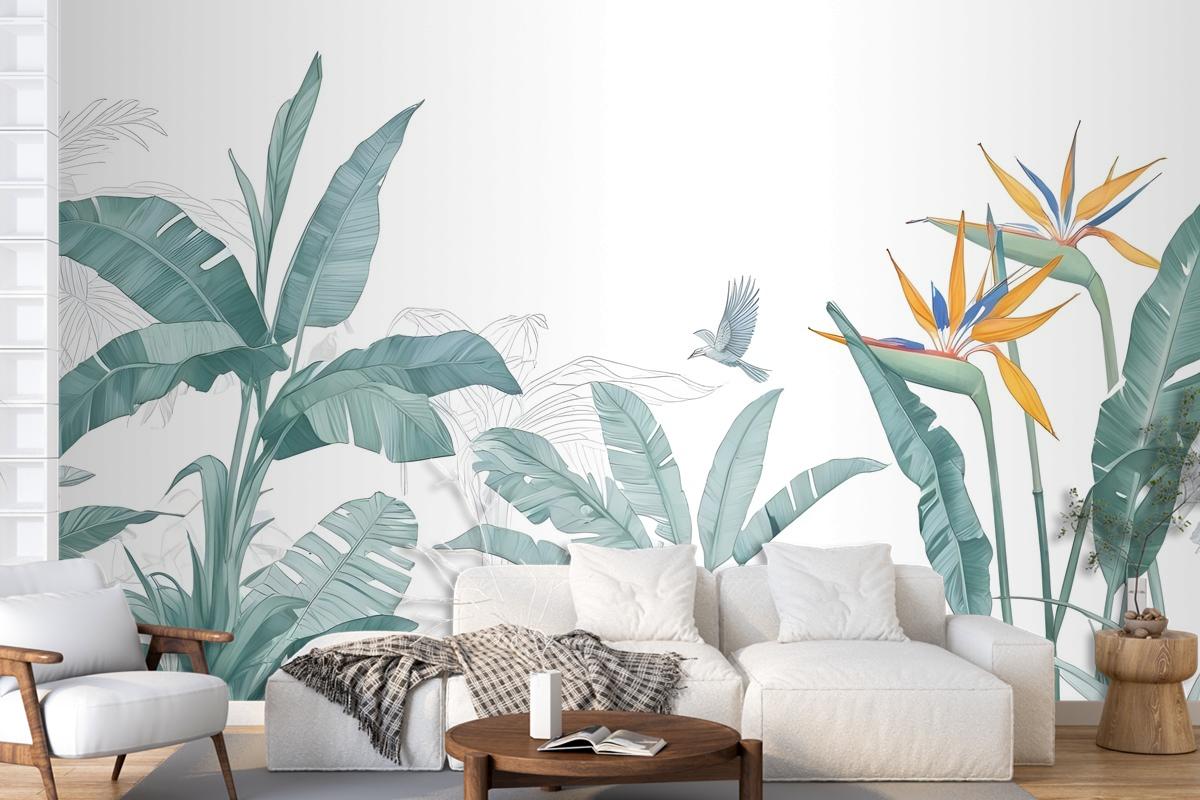 Tropical Banana Leaf With A Bird Wallpaper Mural