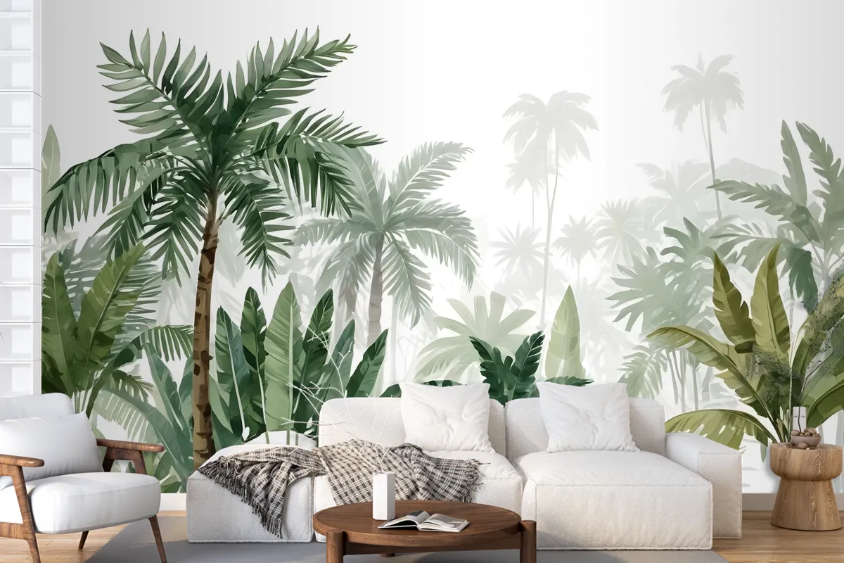 Tropical Cartoon Palm Tree And Banana Leaves Wallpaper Mural