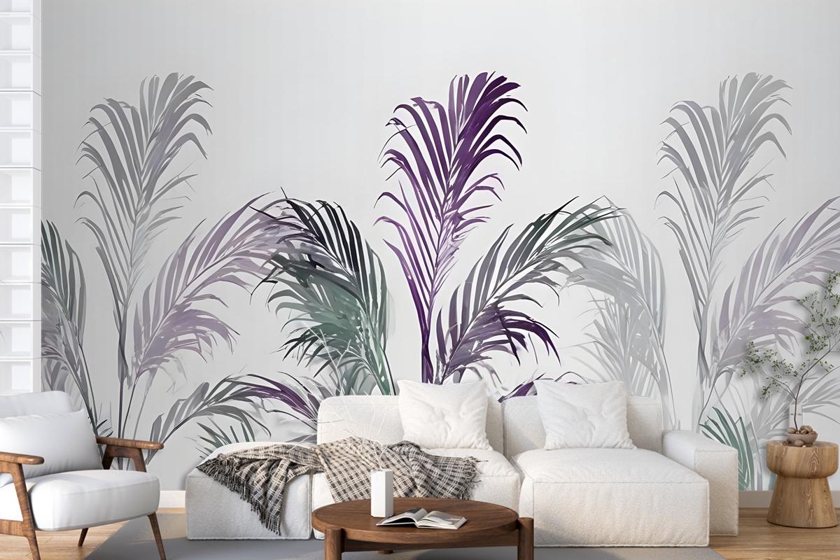 Tropical Fresh Purple Green Palm Leaves Wallpaper Mural