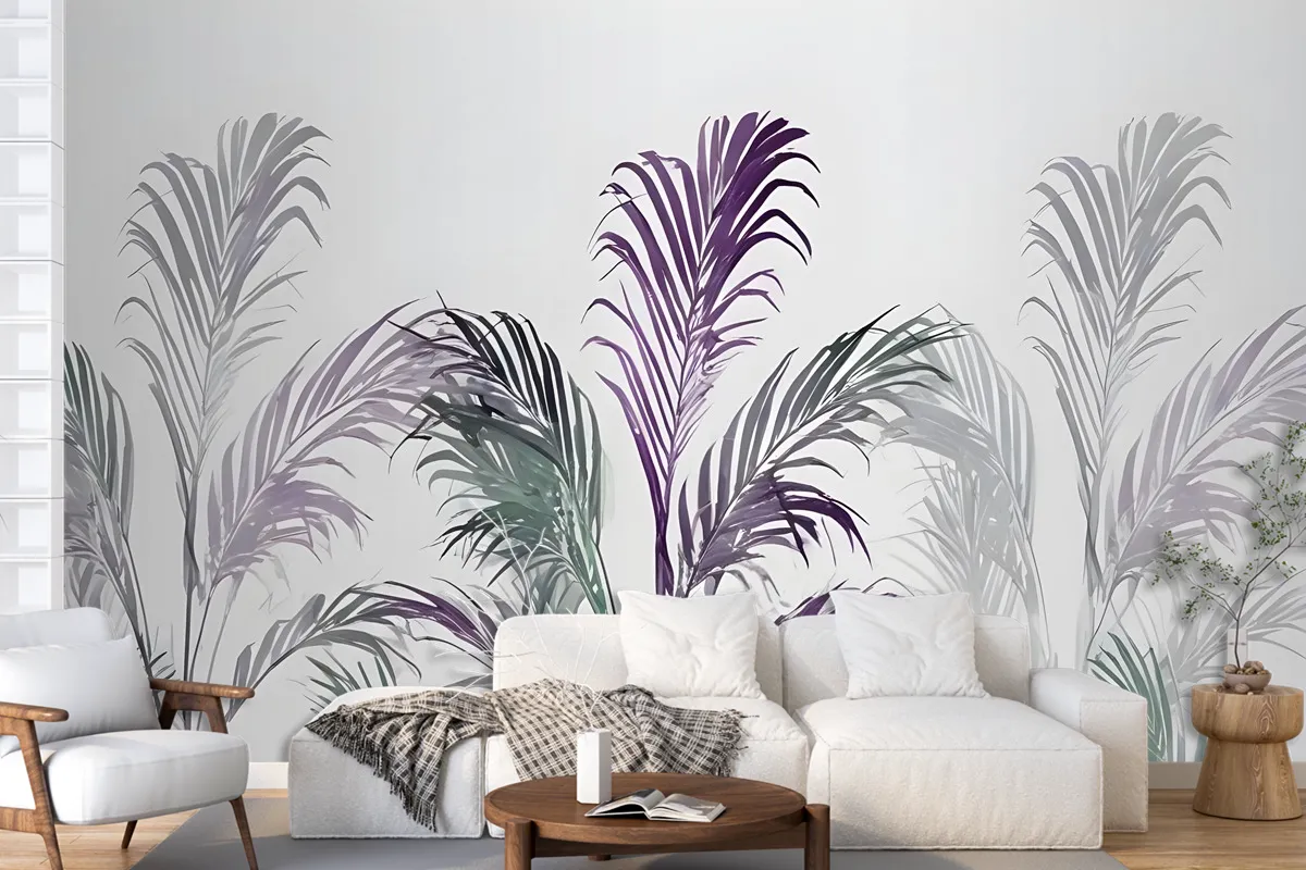 Tropical Fresh Purple Green Palm Leaves Wallpaper Mural