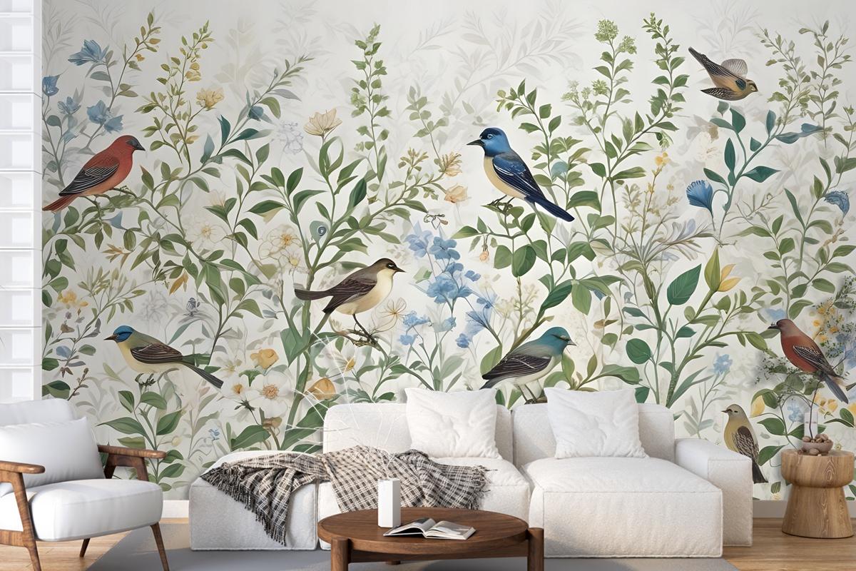 Tropical Green Leaves With Stork Wallpaper Mural