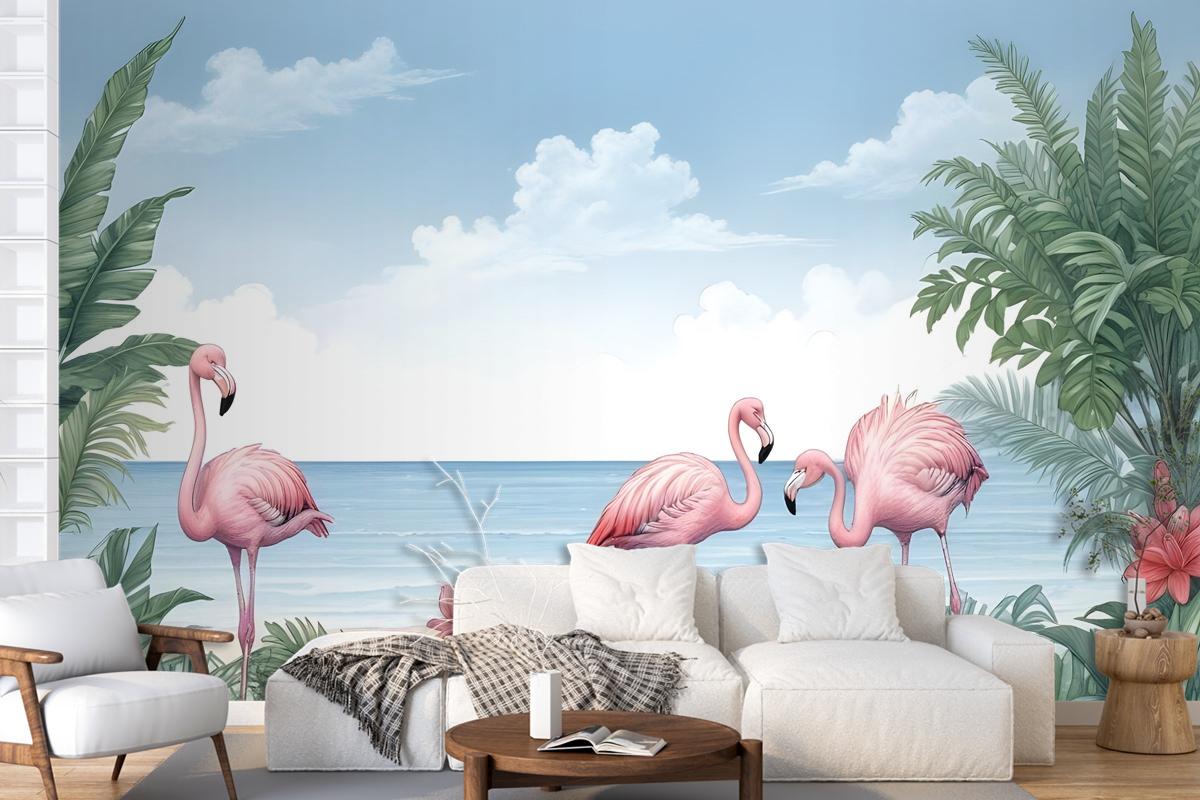 Tropical Landscape With Flamingos Wallpaper Mural