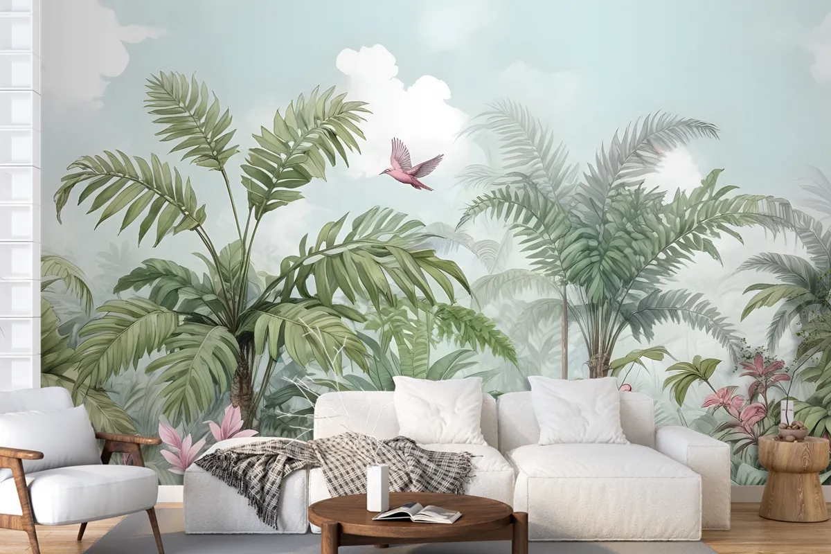 Tropical Leaves With Birds And Florals Wallpaper Mural