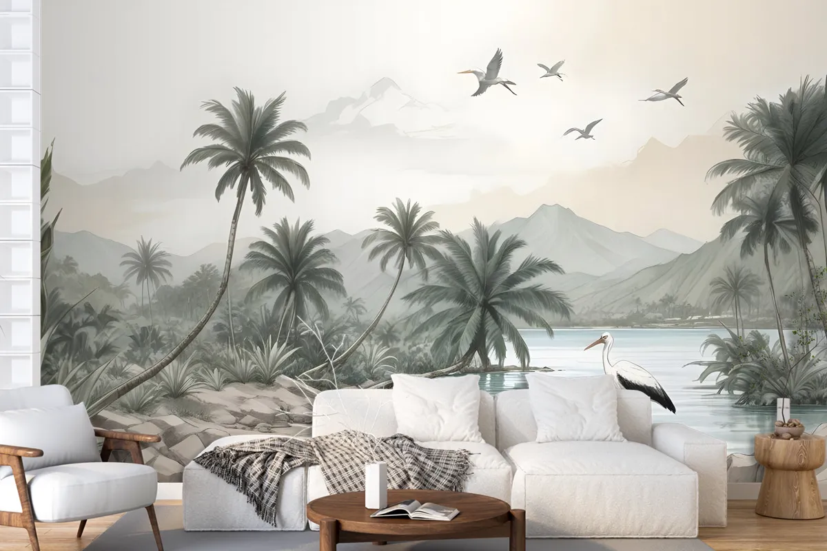 Tropical Nature Landscape With Birds Wallpaper Mural