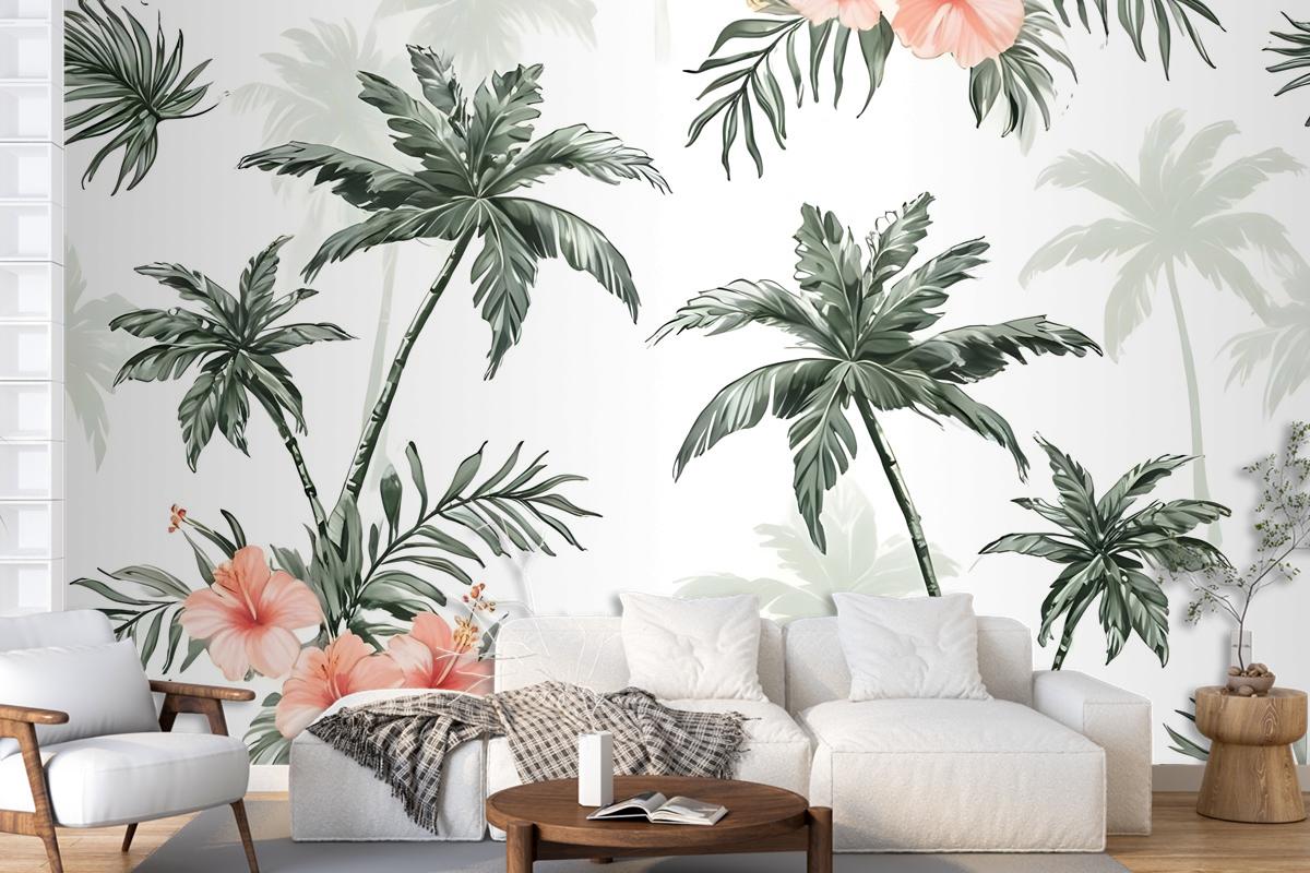 Tropical Palm Tree With Mirabilis Floral Pattern Wallpaper Mural