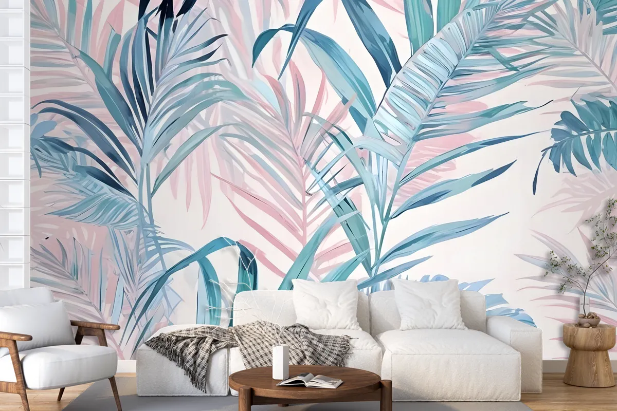 Tropical Pink Exotic Colorful Palm Leaf Wallpaper Mural