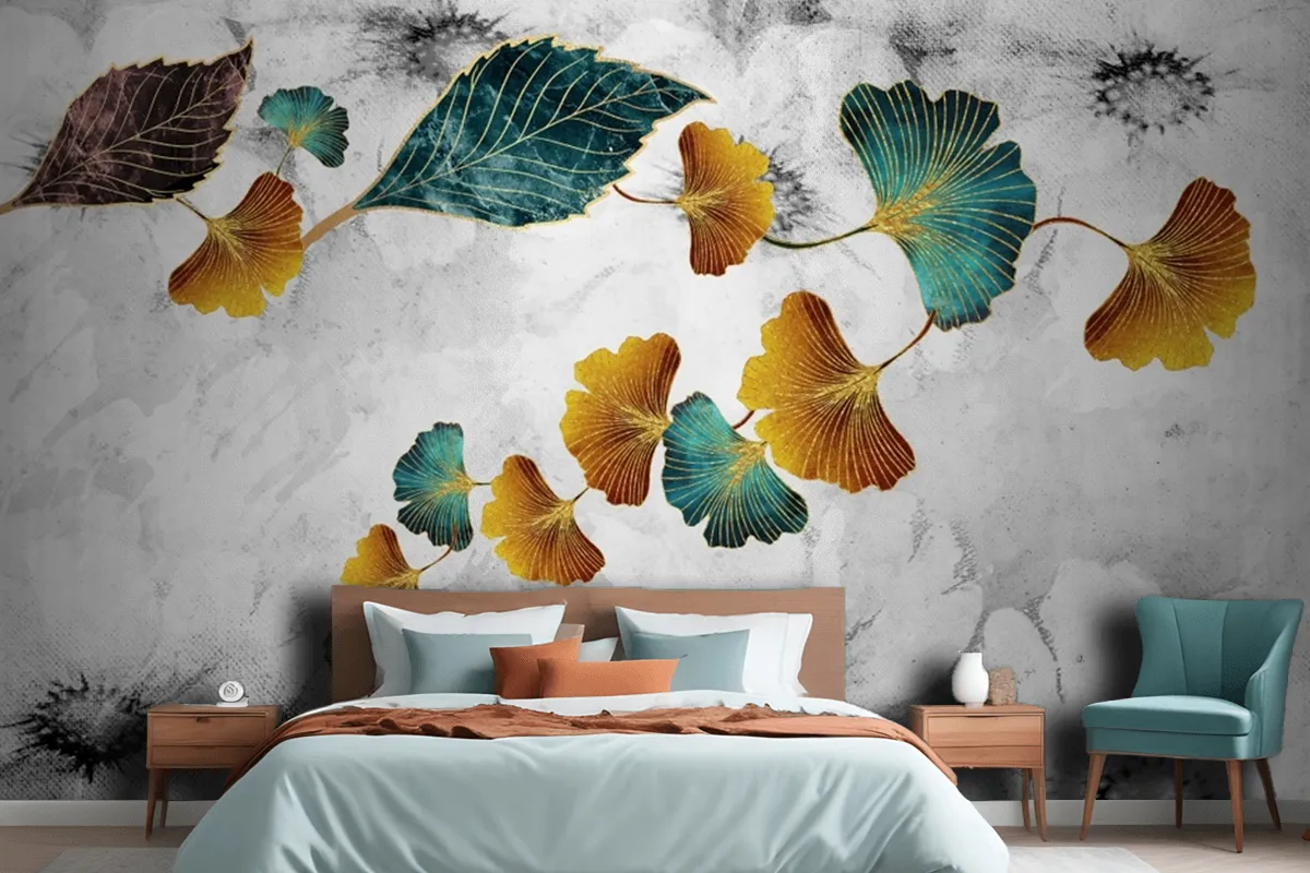 Turquoise And Golden Ginkgo Leaves In Light Gray Canvas Paint Wallpaper Mural