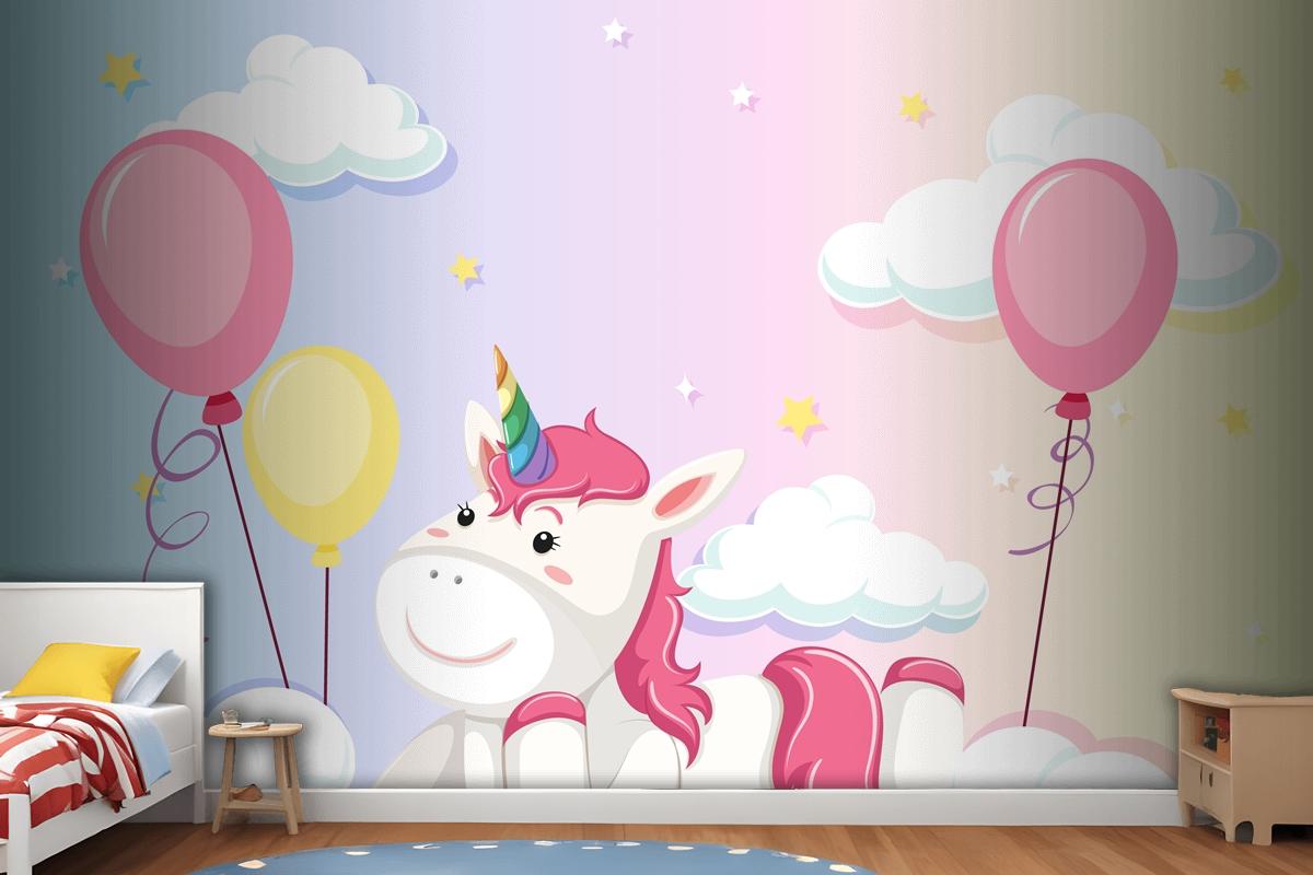 Unicorn Lay On The Cloud On Colorful Pastel Sky Background Wallpaper Mural