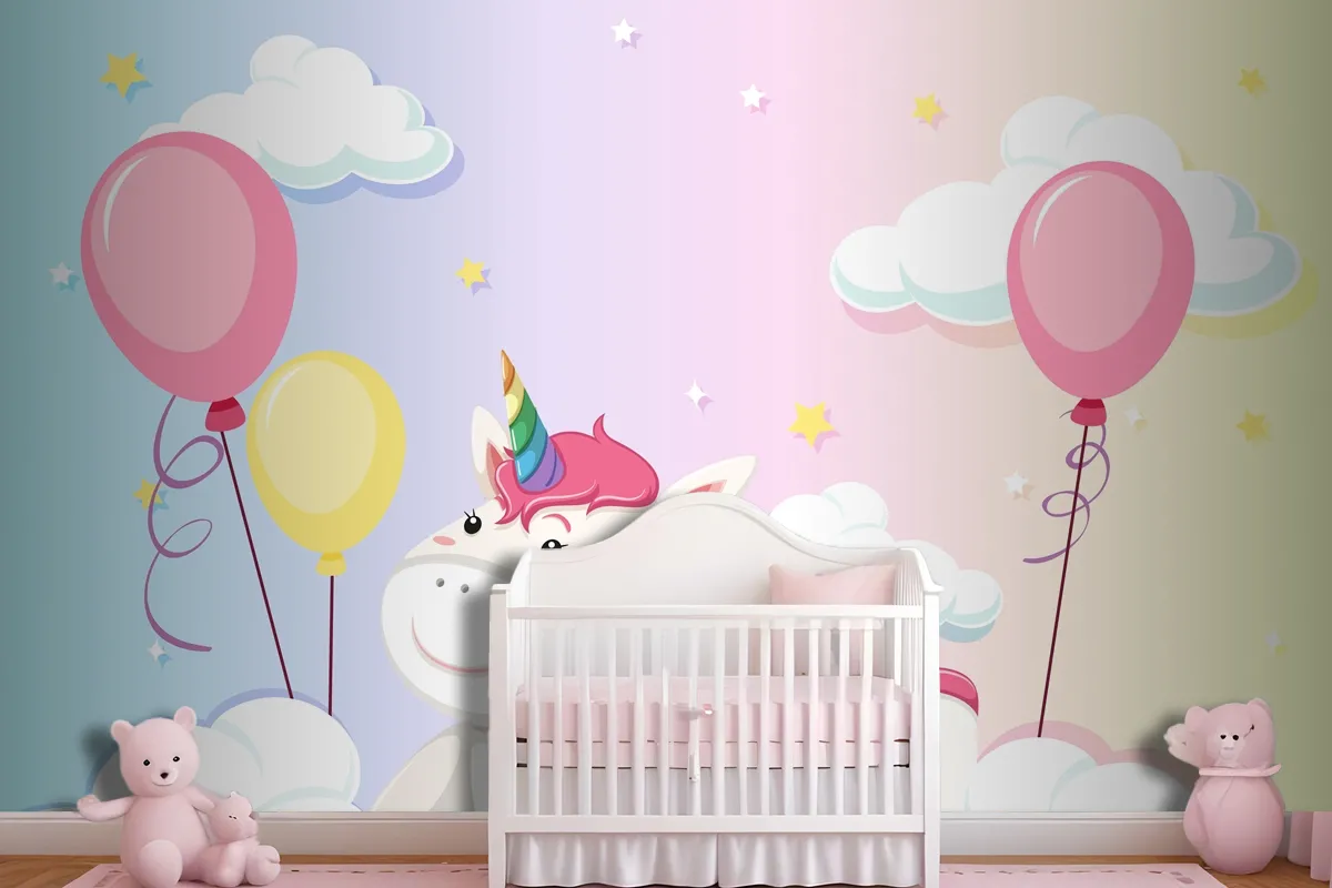 Unicorn Lay On The Cloud On Colorful Pastel Sky Background Wallpaper Mural