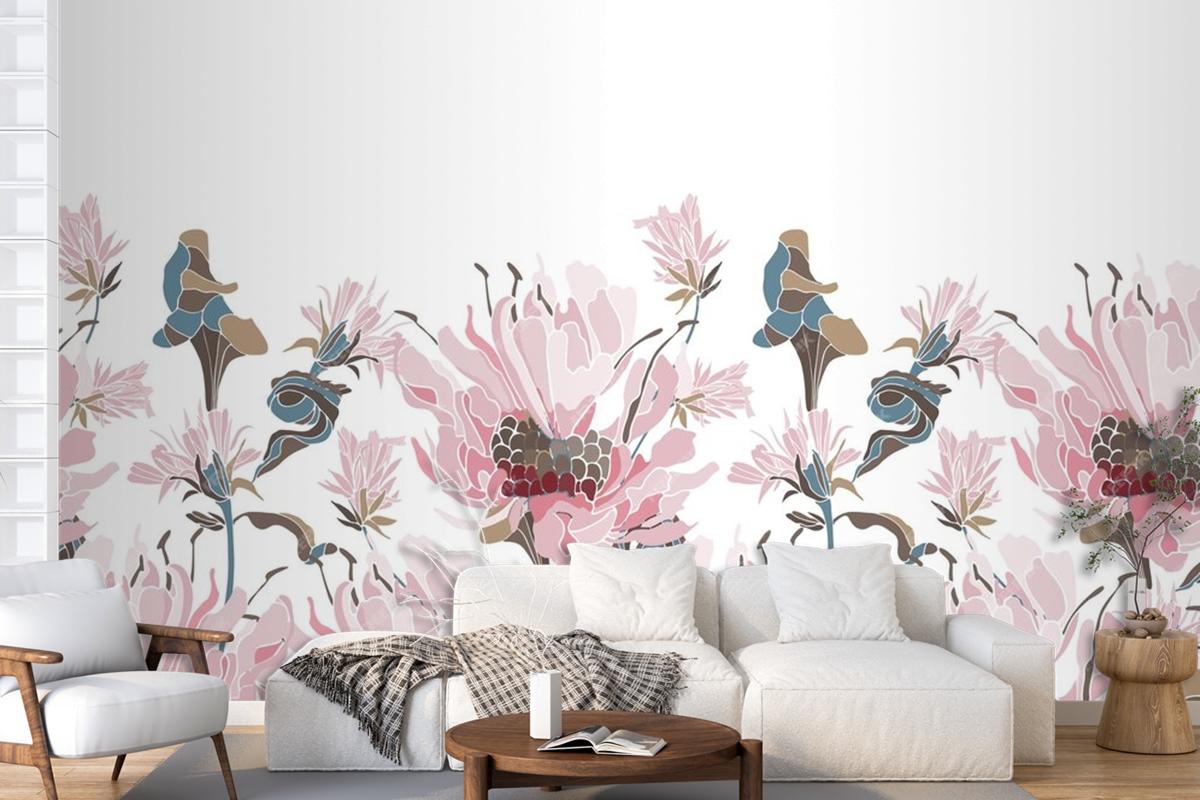 Pink Flowers Herbs Wallpaer Mural