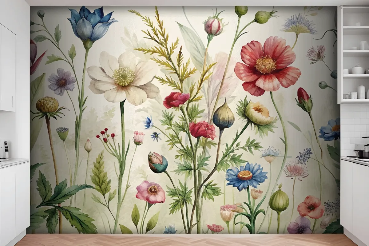 Vintage Botanical Style Wildflower Watercolor Wallpaper Mural