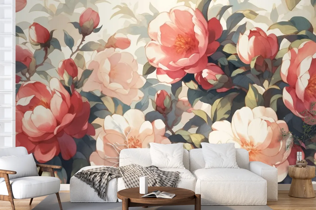 Vintage Camellia Pattern With White Background Wallpaper Mural