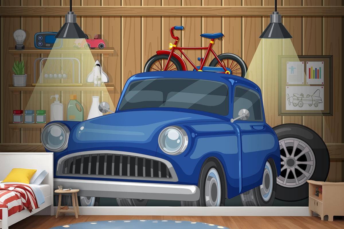 Vintage Car And Bicycle In Wooden Garage Wallpaper Mural