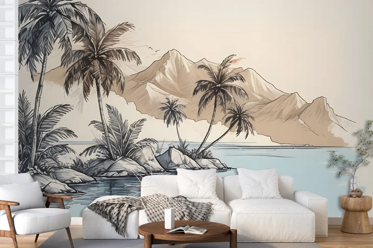 Vintage Charcoal Tropical Palm Tree And Summer Beach Wallpaper Mural