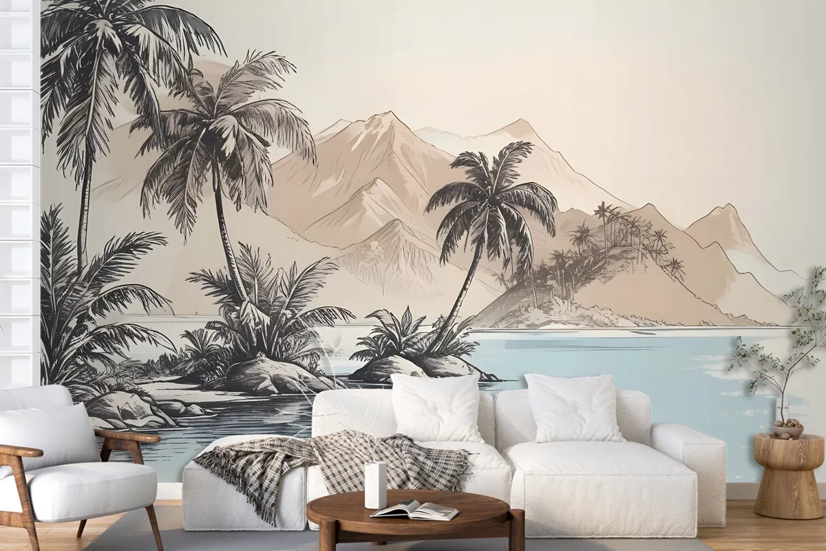 Vintage Charcoal Tropical Palm Tree And Summer Beach Wallpaper Mural