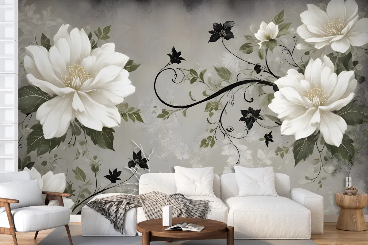 Vintage Cream Flowers Art Wallpaper Mural