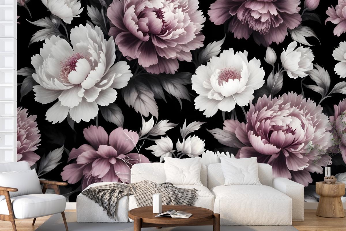 Vintage Dark Large Peony Flower Wallpaper Mural