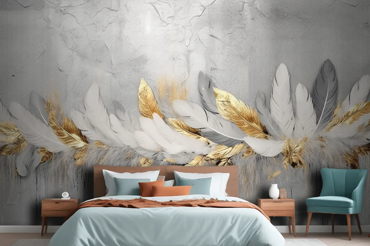 Vintage Feathers Blue Gold Brushstrokes Wallpaper Mural