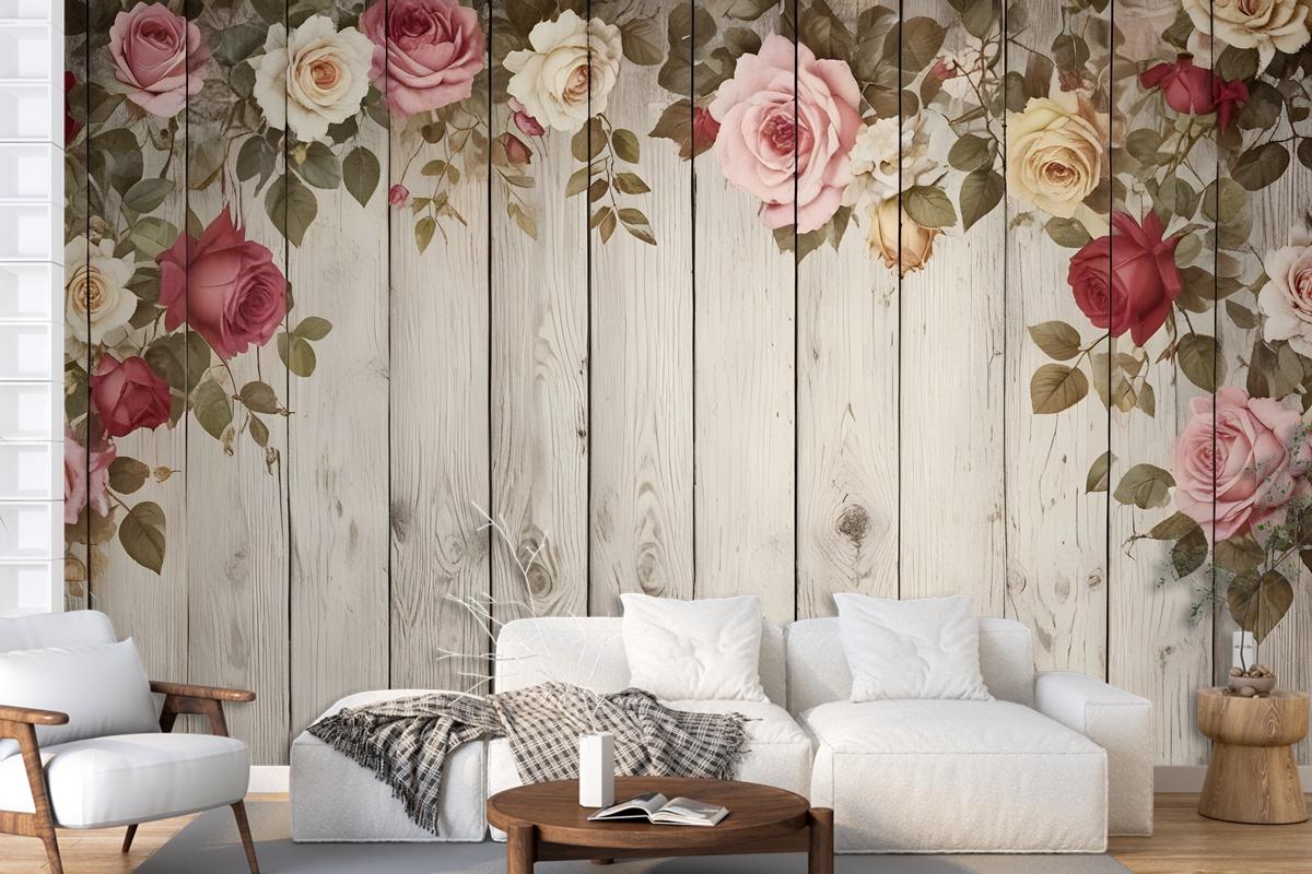 Vintage Floral With Wood Wall Wallpaper Mural