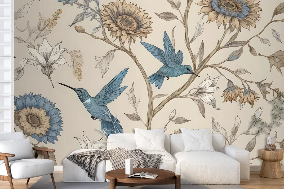 Vintage Flower With Hummingbird Wallpaper Mural